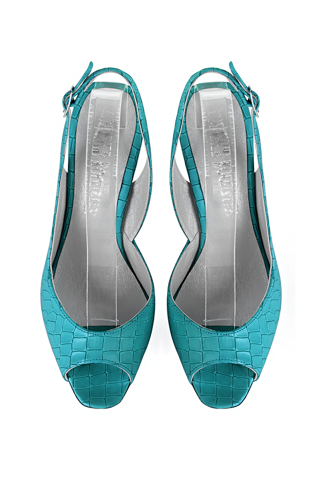 Women's turquoise blue open-toe dress pumps with back strap. Square toe. High slim heel - Top view